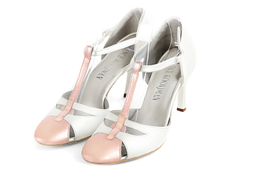 French elegance and refinement for these powder pink and pure white dress T-strap open side shoes, 
                available in many subtle leather and colour combinations. A pretty model with a comfortable "Salomé" strap and good support.
Its charming spyglass cut-out gives you plenty of scope for personalisation.  
                Matching clutches for parties, ceremonies and weddings.   
                You can customize these shoes to perfectly match your tastes or needs, and have a unique model.  
                Choice of leathers, colours, knots and heels. 
                Wide range of materials and shades carefully chosen.  
                Rich collection of flat, low, mid and high heels.  
                Small and large shoe sizes
